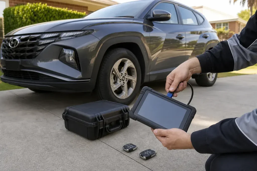 Automotive key programming equipment used by a mobile auto locksmith