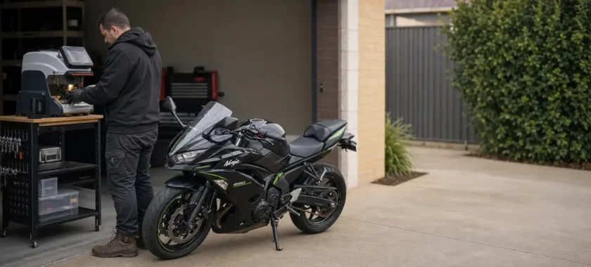 Motorcycle locksmith cutting a key for a Kawasaki Ninja 650