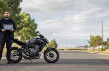 Motorcycle locksmith working on a Yamaha MT-07 in Werribee