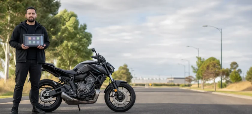 Motorcycle locksmith working on a Yamaha MT-07 in Werribee