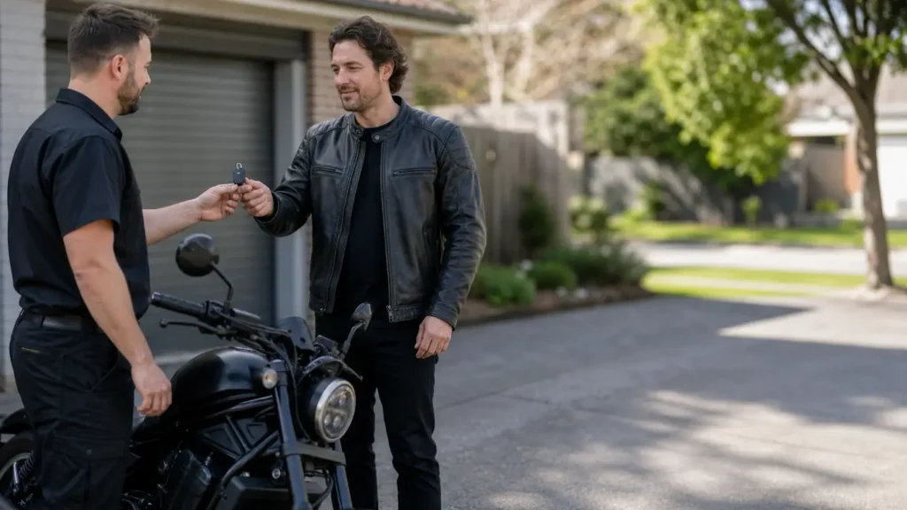 Motorcycle customer handover by a mobile auto and motorcycle locksmith in Werribee