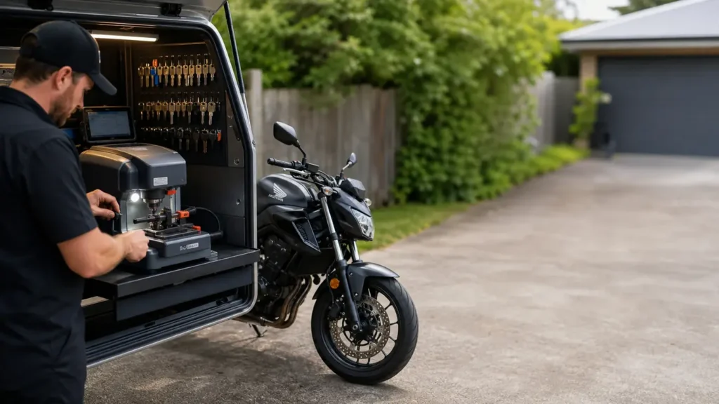 Motorcycle key cutting by a mobile auto and motorcycle locksmith in Werribee